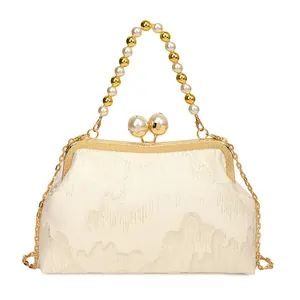 Elegant New Chinese style embroidered handbag with pearl beaded handle and gold chain strap