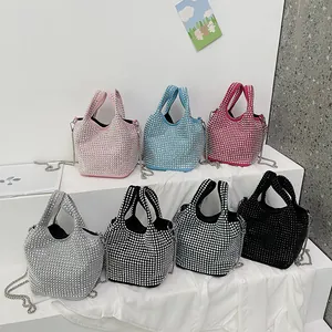 Trendy rhinestone bucket bag with chain strap and handle in multiple vibrant colors