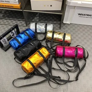Trendy Metallic PU Leather Mini Cylindrical Crossbody Bag For Women Men Casual Lightweight Multifunctional Small Top Handle Bag