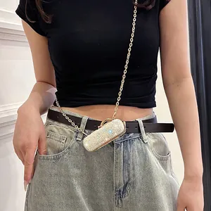 Elegant sparkling silver sequin mini lipstick bag with gold chain strap for party evening