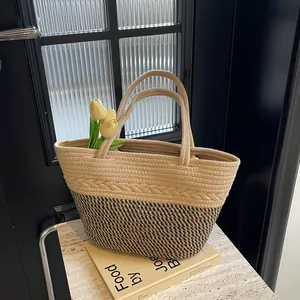 Sac Fourre-tout en Paille Tissé à la Main pour Femmes Minimaliste Grande Capacité Épissage Couleur Contrastée Été Plage Vacances Sac à Main Bandoulière