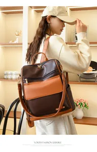 Vista detallada de una elegante mochila de cuero PU marrón bicolor en una modelo