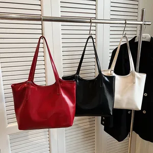Minimalist large capacity PU leather tote bags shown in red black and white colors
