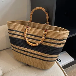 Bolso Tote de Paja Tejida para Mujer con Asa de Bambú Vintage Rayas Splicing Bolso de Mano de Gran Capacidad Playa