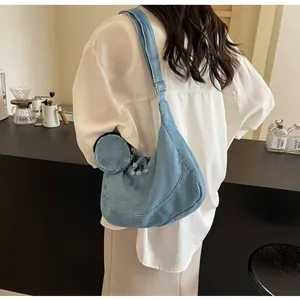 Large capacity denim blue hobo shoulder bag for women with matching mini round coin pouch