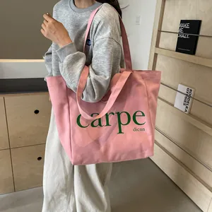 Large pink canvas tote bag with green 'carpe' text for women's daily use and school