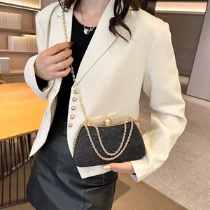 Elegant black glitter evening clutch handbag with gold chain strap for women formal party