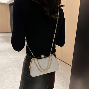 Detailed view of silver glitter hard shell evening clutch bag with elegant pearl clasp and chains