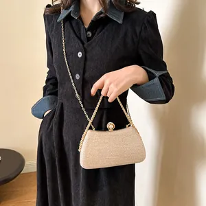 Women Elegant PVC Sequin Evening Bag Hard Shell Pearl Clasp Handbag Golden Silver Black Glitter Chain Crossbody Party Purse