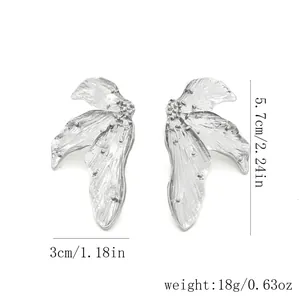 Dimensions detail of vintage silver textured petal leaf earrings for women.