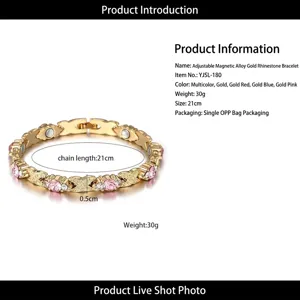 Detail of adjustable gold alloy magnetic bracelet with pink rhinestones and dimensions