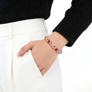Elegant women's rose gold leaf magnetic bracelet with red and white crystals jewelry