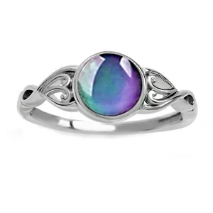 Primer plano de un anillo de plata con una piedra del humor redonda que cambia de color.