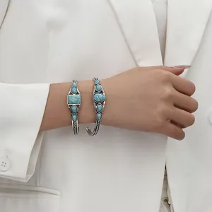 Bohemian Vintage Alloy Bangle Inlaid Artificial Turquoise Retro Hollow Carved Geometric Open Adjustable Cuff Bracelet Women Jewelry