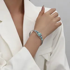 Bohemian retro turquoise open adjustable bangle with vintage engraving on silver-tone metal