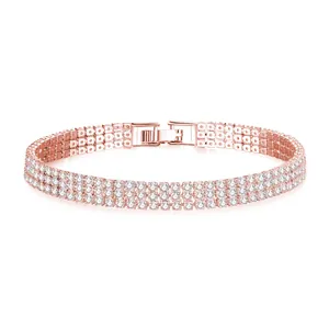 Close-up of elegant three-row cubic zirconia tennis bracelet in rose gold finish