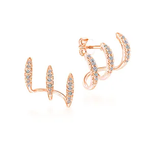 Elegant rose gold triple curved ear crawler earrings with pavé diamond-like stones