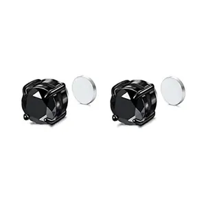 Detailed view of black zircon magnetic stud earrings with disc magnetic backings