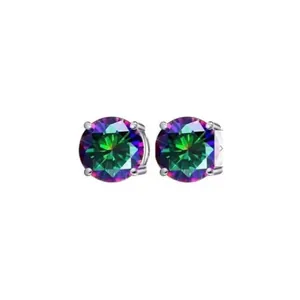 Close-up detail of multi-color rainbow zircon magnetic stud earrings in a silver-tone setting