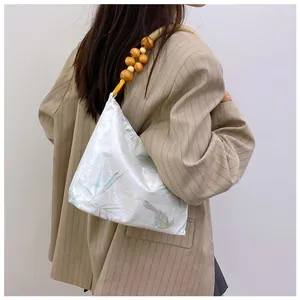 Elegante borsa a tracolla stile cinese con stampa uccelli vintage e perline in legno