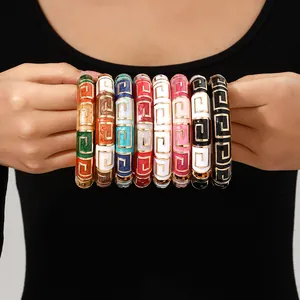 Vintage Emaille Zinklegierung Armreif Damen Geometrisches Mäander Muster Vergoldet Retro Mode Breites Armband Schmuck