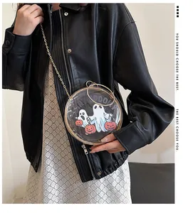 Detailed view of Halloween ghost print on a transparent round crossbody bag