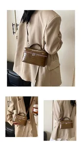 Stylish brown crocodile-embossed box bag shown from multiple angles worn crossbody style
