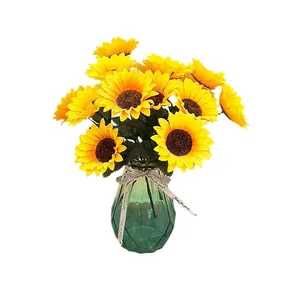 Künstlicher Sonnenblumenstrauß falsche Blumen in grüner Glasvase für Heimdekoration