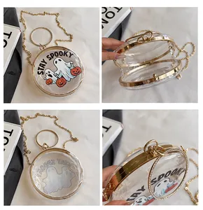 Detailed four-panel collage of a clear circular Halloween ghost bag with gold hardware