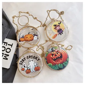 Detailed collection of funny Halloween themed round transparent bags with gold chain.