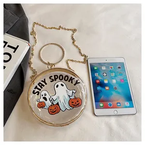 Round transparent Halloween crossbody bag with ghost and pumpkin print and gold chain