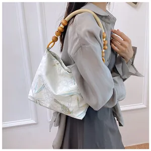 Elegante borsa a tracolla stile neo-cinese con stampa uccelli e manico in perline