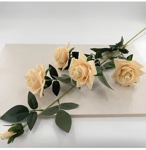 High-quality 5-head flannel artificial roses in champagne cream with green leaves