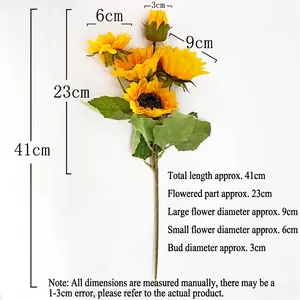 Bouquet de tournesols artificiels jaunes à 5 têtes avec dimensions détaillées du produit