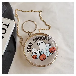 Transparent round crossbody bag featuring cute Halloween ghost and pumpkin prints