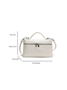 Elegant white crocodile embossed box bag with clear size dimensions: 21cm x 13cm x 7cm