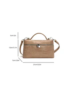 Dimensions of khaki croc pattern box bag showing width, height and depth.