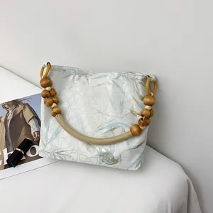 New Chinese Style Canvas Handbag Retro Bamboo Bird Print Crossbody Bag With Wooden Beaded Handle Fashion Women Tote Bag