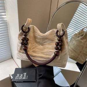 Nuevo Estilo Chino Retro Estampado Bambú Bolso Cuadrado Pequeño Para Mujer Asa Cuentas Madera Bolso Hombro Moda Versátil PU Bolso De Mano Tote
