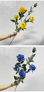 High-quality 5-head velvet artificial roses in vibrant yellow and deep blue