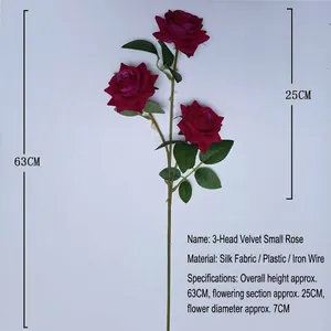 Ramo di rose artificiali in velluto a 3 teste per decorazioni casa e matrimoni