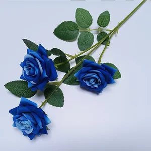 Rosa artificiale a 3 teste in velluto blu per decorazioni casa e matrimoni