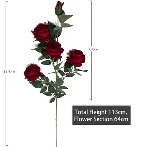 Grande ramo di rose artificiali in velluto a 5 teste per decorazioni casa e nozze
