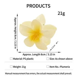 Detail of plumeria flower hair claw clip with dimensions and material parameters
