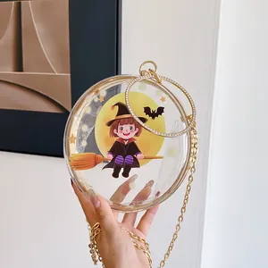Women Round Transparent PVC Crossbody Bag Quirky Halloween Ghost Pumpkin Print Handbag Gold Chain Rhinestone Handle Fashion Bag