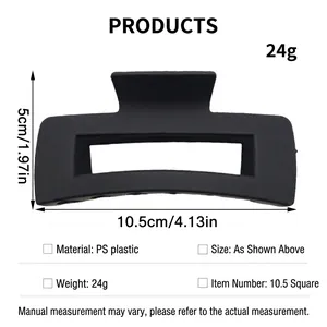 Large matte black rectangular hair claw clip with detailed dimension measurements.
