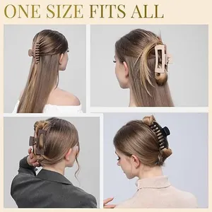 Detailed view showing matte square shark hair claw clips used in various hairstyles