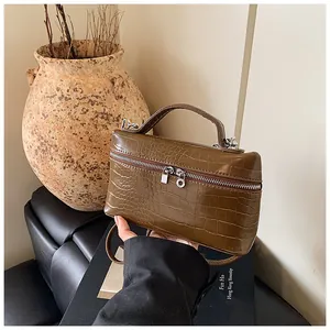 Brown crocodile embossed mini boxy handbag with handle and silver zipper details