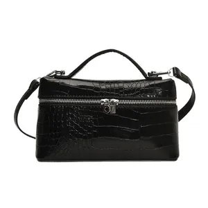 Elegant black crocodile pattern box bag with silver hardware and top handle for women