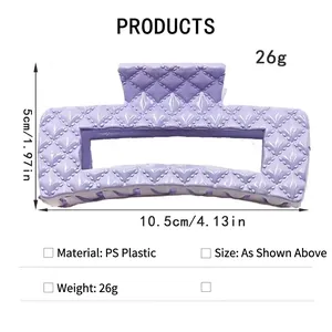 Detailed dimensions of a purple quilted hair claw clip made of PS plastic material
